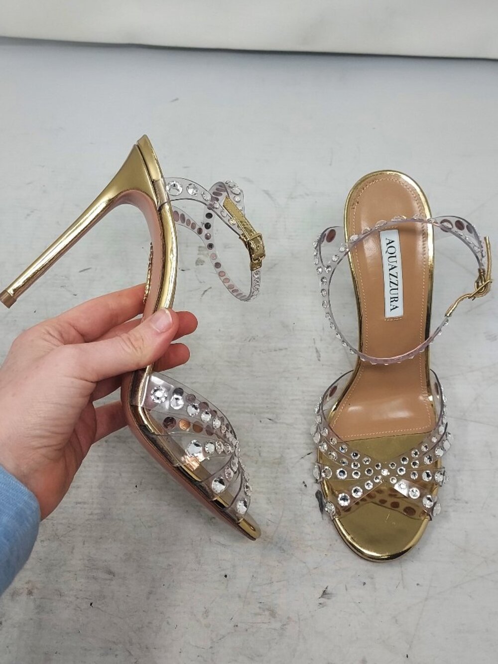 Aquazzura Tequila Crystal Jewel Metallic Gold Heel Sandal